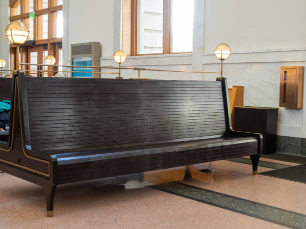 istock Empty waiting bench at train station terminal sitting near exit and entrance 1173086157
