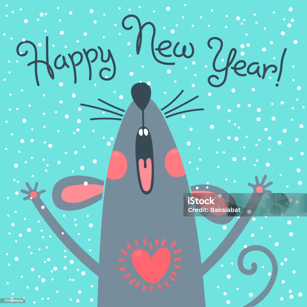 Cute Gray Rat Wishes Happy New Year Postcard With A Symbol Of 2020 ...