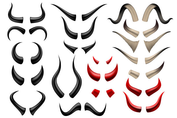 ilustrações de stock, clip art, desenhos animados e ícones de set of different horns on white background - satanic