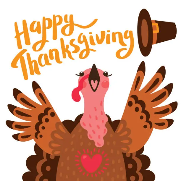 Vector illustration of Happy Thanksgiving card with turkey. Cartoon Character Turkey