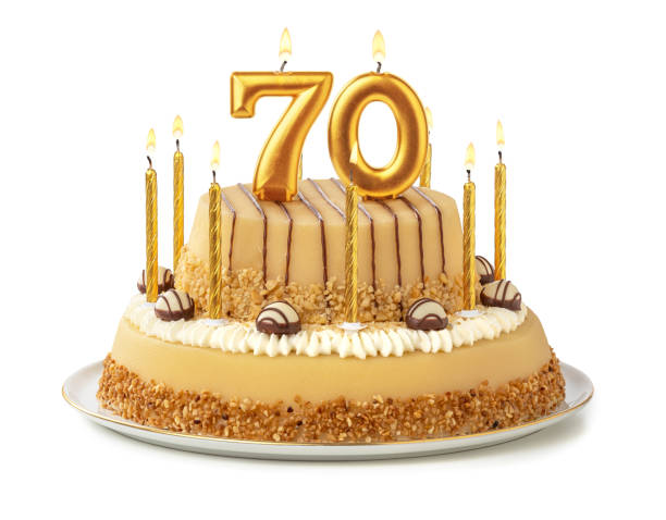 Festive cake with golden candles - Number 70 Festive cake with golden candles - Number 70 70th stock pictures, royalty-free photos & images