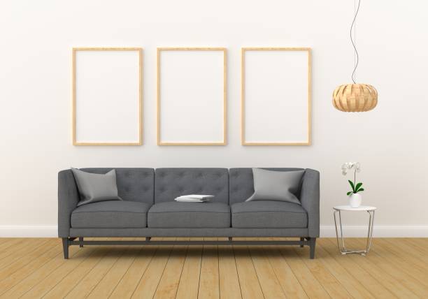 istock Three empty photo frame for mockup in modern living room, 3D render, 3D illustration 1173094237