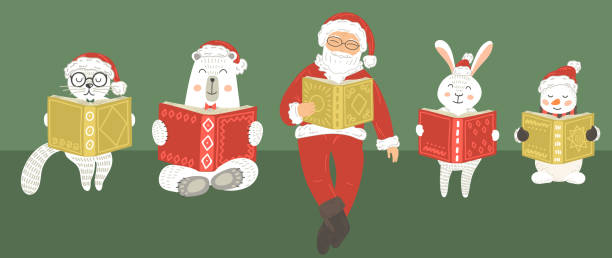 ilustraciones, imágenes clip art, dibujos animados e iconos de stock de animales lindos de navidad con santa claus leyendo libros. - polar bear bear vector mammal