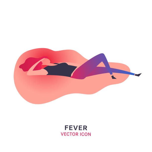 Fever vector icon Fever vector icon. Sick girl with high temperature sign. Editable illustration in modern flat style. Medical, healthcare, common diseases concept in bright violet, magenta and pink colors. cirque de soleil stock illustrations