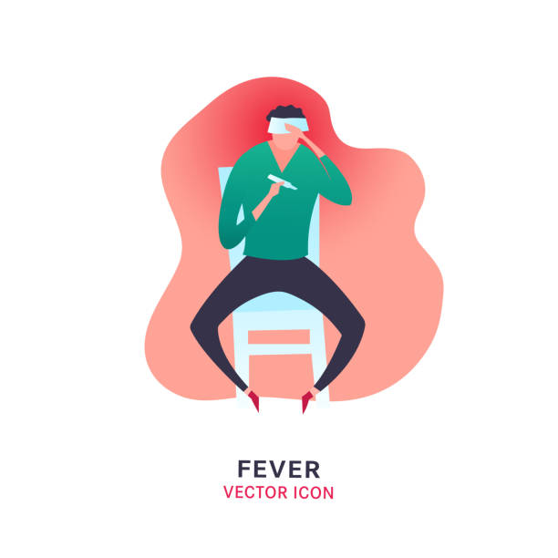 Fever vector icon Fever vector icon. Sick man with high temperature sign. Editable illustration in modern flat style. Medical, healthcare, food poisoning concept in bright green, grey and pink colors. cirque de soleil stock illustrations