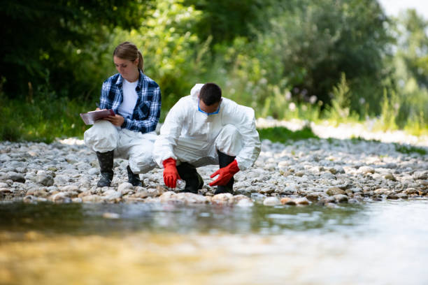 biólogo toma agua de un río del bosque para estudiar la composición en el laboratorio - chemical worker fotografías e imágenes de stock