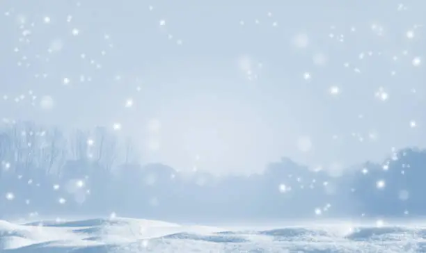 Photo of shiny snowflakes on blurred winter landscape