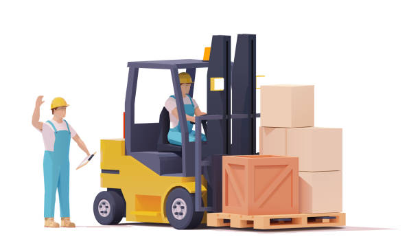 ilustrações de stock, clip art, desenhos animados e ícones de vector warehouse forklift moving loaded pallet - machine operator