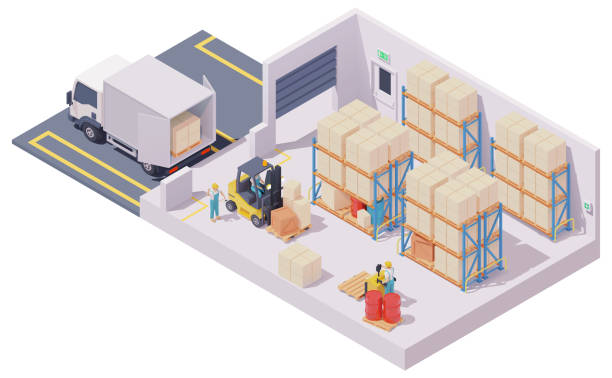 Vector isometric warehouse interior Vector isometric warehouse interior, forklift loaded with boxes on pallet, box truck, forklift driver and warehouse worker, pallet storage racks, crates and barrels floor plan illustrations stock illustrations
