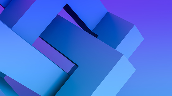 3d rendering of abstract sculptural geometric shapes with neon lights, purple and blue colors.