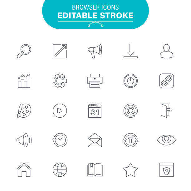 Browser Icons Internet, Messaging, Email, Calendar, Location, Editable Outline Icon Set business cards calendar stock illustrations