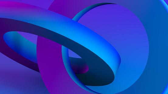 3d rendering of abstract sculptural geometric shapes with neon lights, purple and blue colors.