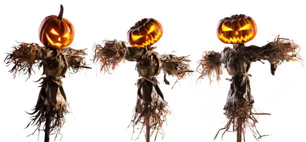 Photo of halloween pumpkin scarecrow isolated on white background