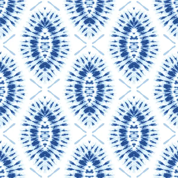 Vector illustration of Monochrome Indigo Bright Tie-Dye Shibori Sunburst Diamonds on White Background Vector Seamless Pattern