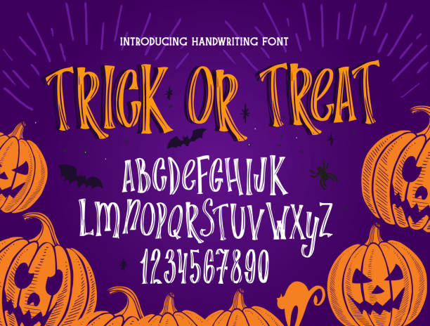 Halloween font. Typography alphabet with colorful spooky and horror illustrations. vector art illustration