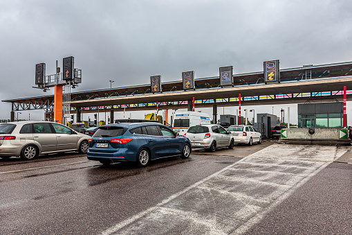 Normandy, France - July 27, 2019: Highway Pass Cash lane at Normandy, France