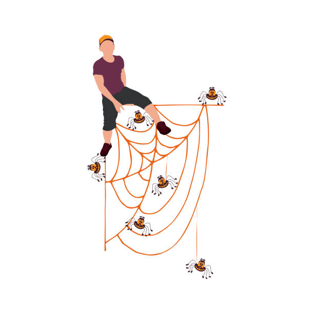 stockillustraties, clipart, cartoons en iconen met jonge stijlvolle man zittend op giant spider web net met veel glimlach spinnen op witte achtergrond. happy halloween concept ontwerp. kleur vector illustratie voor partij banner, poster, flyer. - spider man