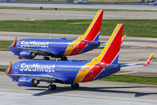 San Jose, California – April 10, 2019: Southwest Airlines Boeing 737-700 airplanes at San Jose airport (SJC) in the United States.