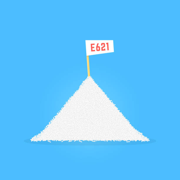 pile of sodium glutamate like e 621 pile of sodium glutamate like e 621. concept of umame, junk, pellet, stack, savory, science, danger, yummy culinary, antioxidant, gourmet, research flat style modern graphic design on blue background salt pile stock illustrations