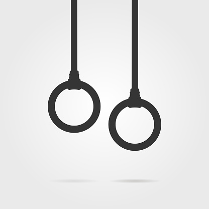 black gymnastic rings icon with shadow. concept of acrobatic discipline, olympiad, stripes, healthy lifestyle, sport practice. flat style trend modern simple graphic design on gray background