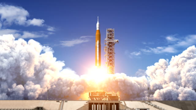 Takeoff Of Space Launch System. Slow Motion. Full 3D Animation. 4K.