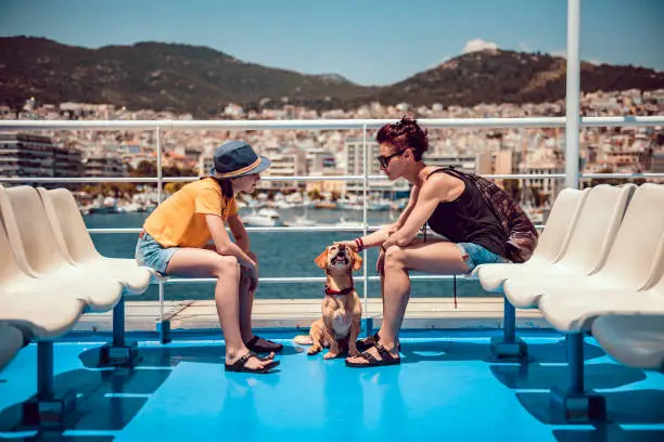 Mother and daughter sitting on the deck of a ferry with a small brown dog on a sunny hot day