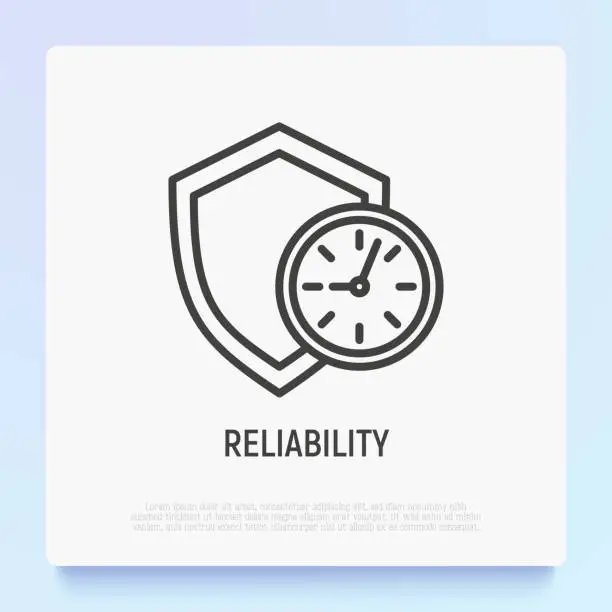 Vector illustration of Reliability thin line icon: shield with clock. Symbol of support. Modern vector illustration.