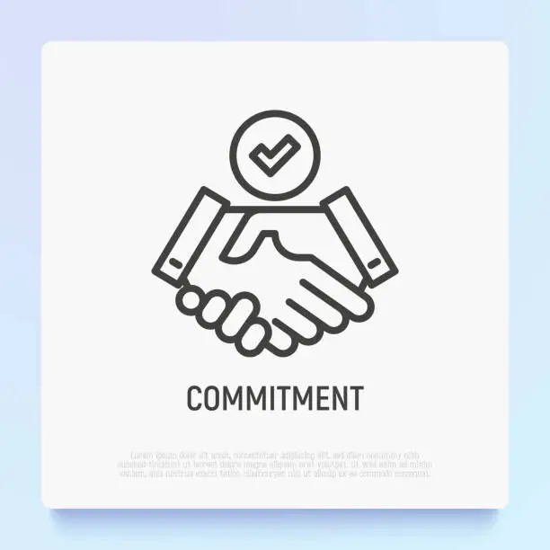 Vector illustration of Commitment thin line icon: handshake with tick. Modern vector illustration.