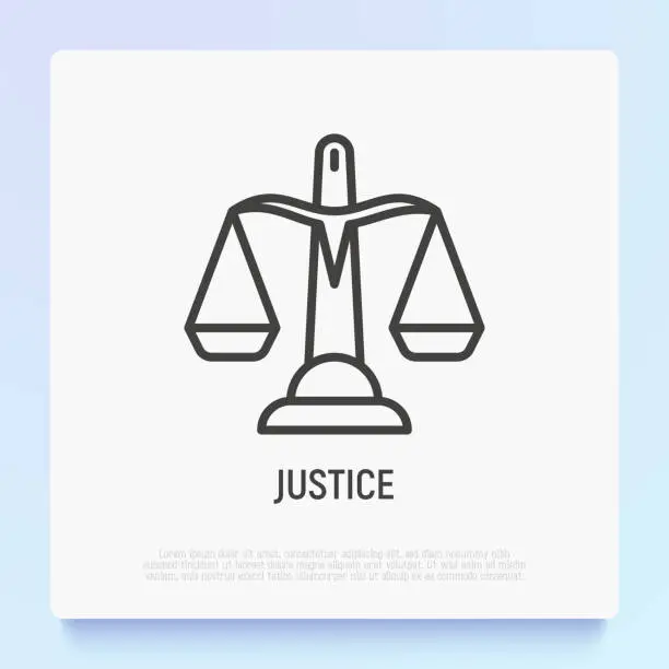 Vector illustration of Justice thin line icon. Modern vector illustration of scales in balance.