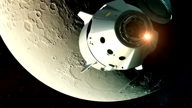 4K. Flight Of Commercial Spacecraft Over Background Of The Moon.