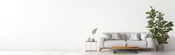 istock Interior of living room with white sofaand coffee table panorama 3d rendering 1173115373