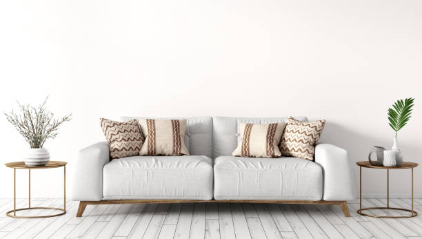 innenraum des modernen wohnzimmers mit weißem sofa 3d rendering - coffee table living room indoors comfortable stock-fotos und bilder