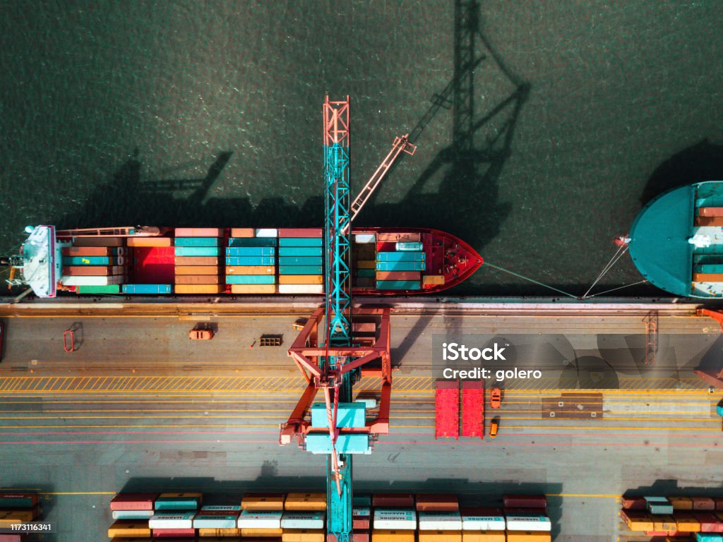 high angle view on Cargo crane container terminal high angle view on Cargo container terminal in Hamburg port Freight Transportation Stock Photo