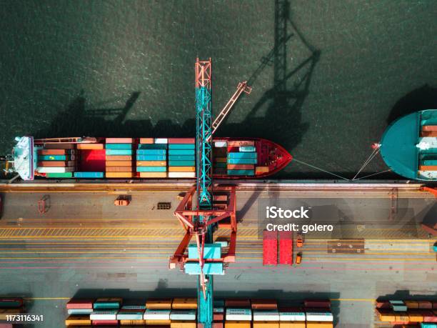 High Angle View On Cargo Crane Container Terminal Stock Photo - Download Image Now - Freight Transportation, Commercial Dock, Harbor