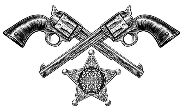 Sheriff Star Badge and Pistols A pair of crossed gun revolver handgun six shooter pistols drawn in a vintage retro woodcut etched or engraved style with a star shaped sheriff badge pistol clipart stock illustrations