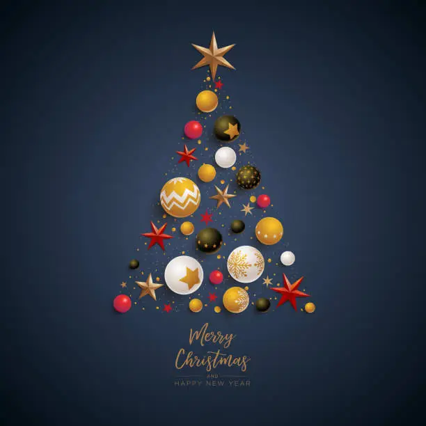 Vector illustration of Christmas tree composition with festive decorations.