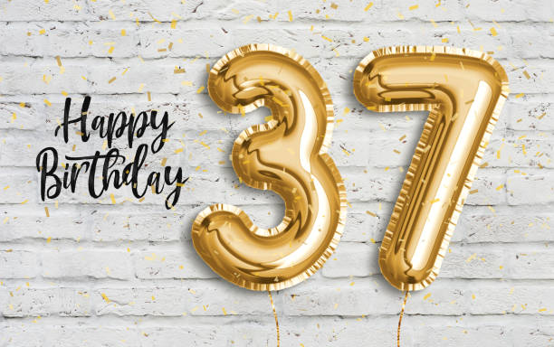 Happy 37 th birthday gold foil balloon greeting white wall background. Happy 37 th birthday gold foil balloon greeting white wall background. 37 years anniversary logo template- 37th celebrating with confetti. Photo stock. number 37 stock pictures, royalty-free photos & images