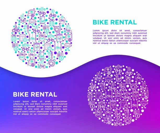 Vector illustration of Bike rental concept in circle with thin line icons: rates, bicycle tours, pet trailer, padlock, helmet, child seat, sharing, pointer, deposit, mobile app, cycling route. Modern vector illustration.