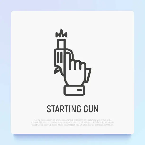 Vector illustration of Starting gun: pistol in hand shots. Modern vector illustration of sport competition beginning.