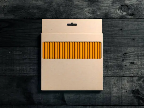 Photo of Large cardboard Pencils Set box Mockup on wooden background