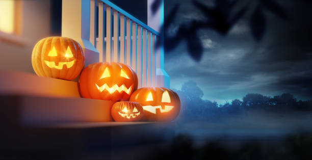 Jack O Lanterns On a Porch On Halloween A group of pumpkin Jack O Lanterns decorating a porch on Halloween. 3D illustration. porch stock pictures, royalty-free photos & images