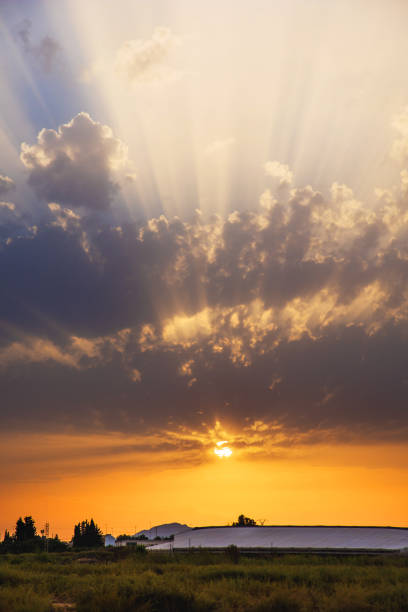 istock Beautiful evening sky with clouds. Spanish deep orange summer sunset. Dramatic overcast with long sun beams 1173127426