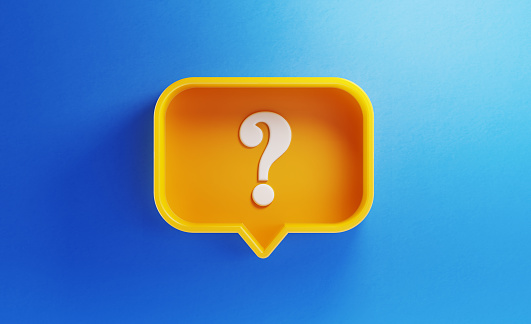Speech bubble shaped yellow button with question mark on blue background. Horizontal composition with copy space. Q and A concept.