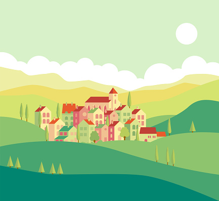 Vector illustration of quiet town houses in greenery.