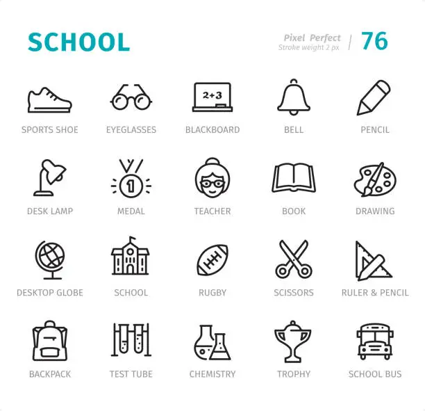 Vector illustration of School - Pixel Perfect line icons with captions