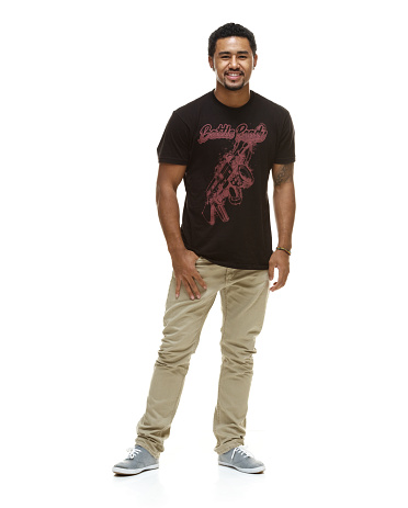 Full length / one man only / front view of 20-29 years old adult handsome people / short hair pacific islander ethnicity young men / male in front of white background wearing jeans / t-shirt / shirt / khaki pants / canvas shoe who is smiling / happy / cheerful