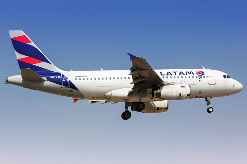 Lima, Peru – February 1, 2019: LATAM Airbus A319 airplane at Lima airport (LIM) in Peru.