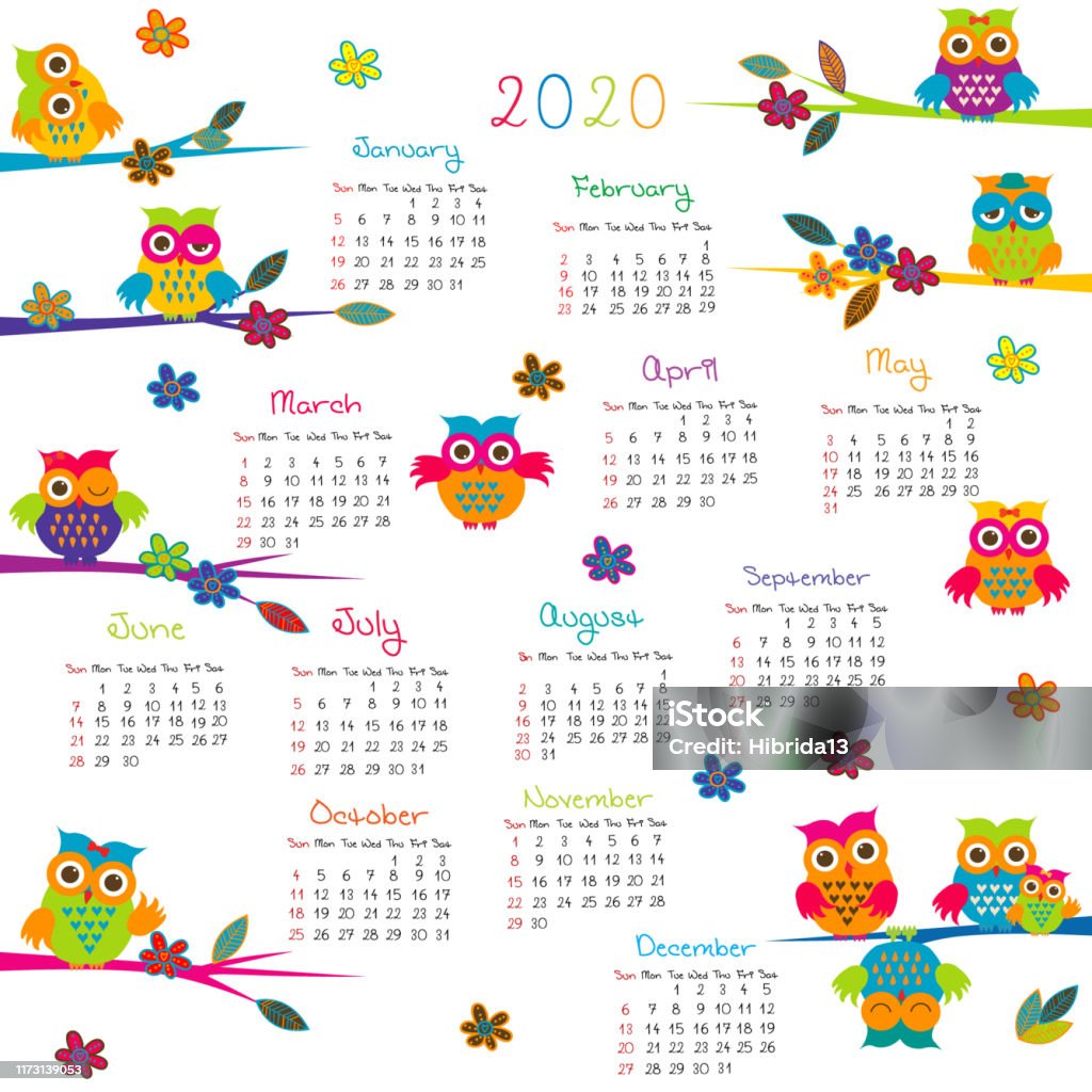 2020 calendário com corujas dos desenhos animados - Vetor de 2020 royalty-free