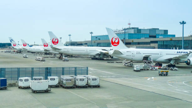 A line of Japan Airlines (JAL) planes stock photo