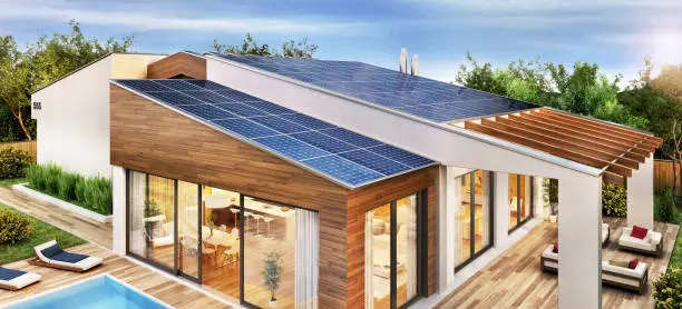 Photo of Modern house with solar panels on the roof